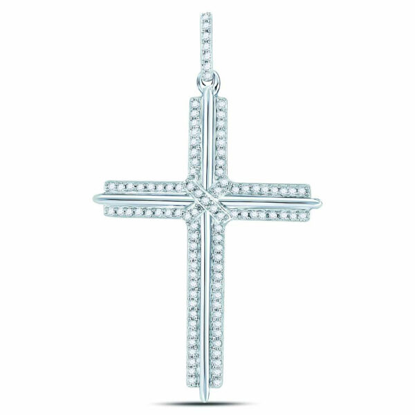 10kt White Gold Mens Round Diamond Roman Cross Charm Pendant 1/4 Cttw