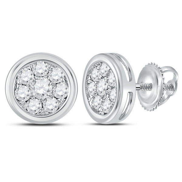 14kt White Gold Womens Round Diamond Circle Cluster Stud Earrings 1/2 Cttw