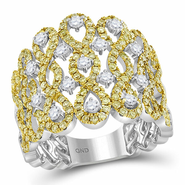 14kt White Gold Womens Round Yellow Diamond Twist Cocktail Ring 1-5/8 Cttw