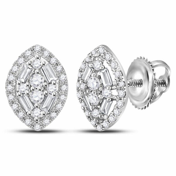 14kt White Gold Womens Round Baguette Diamond Oval Cluster Earrings 1/3 Cttw