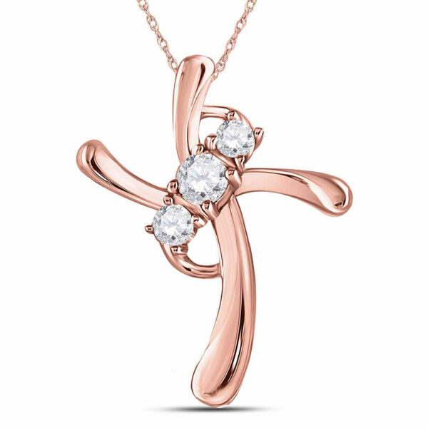 14kt Rose Gold Womens Round Diamond 3-Stone Cross Pendant 1/8 Cttw