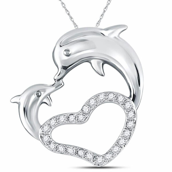 14kt White Gold Womens Round Diamond Double Dolphin Heart Pendant 1/6 Cttw