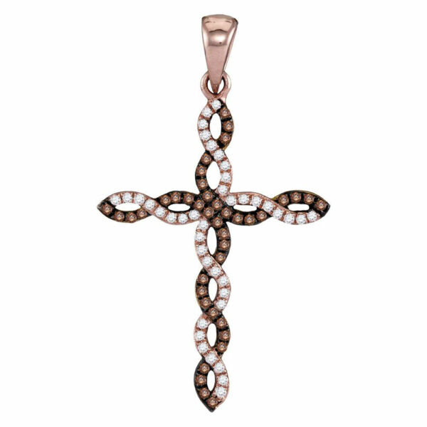 14kt Rose Gold Womens Round Brown Diamond Cross Pendant 1/5 Cttw