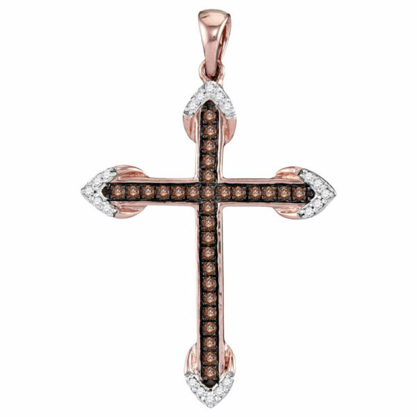 14kt Rose Gold Womens Round Brown Diamond Cross Pendant 1/4 Cttw