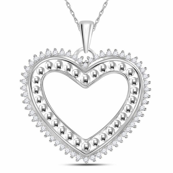 14kt White Gold Womens Round Diamond Beaded Heart Pendant 1/4 Cttw