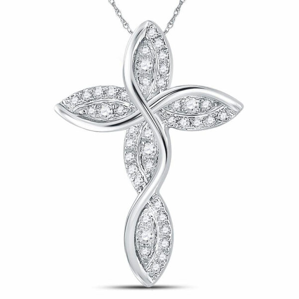 14kt White Gold Womens Round Diamond Contoured Wavy Cross Pendant 1/6 Cttw