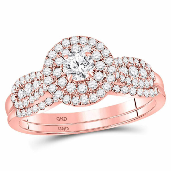 14kt Rose Gold Round Diamond Halo Bridal Wedding Ring Band Set 3/4 Cttw