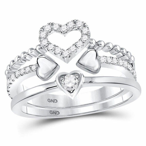 14kt White Gold Womens Round Diamond 2-Piece Beaded Heart Band Ring Set 1/3 Cttw