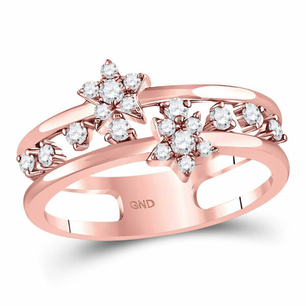 14kt Rose Gold Womens Round Diamond Open Double Star Band Ring 1/3 Cttw