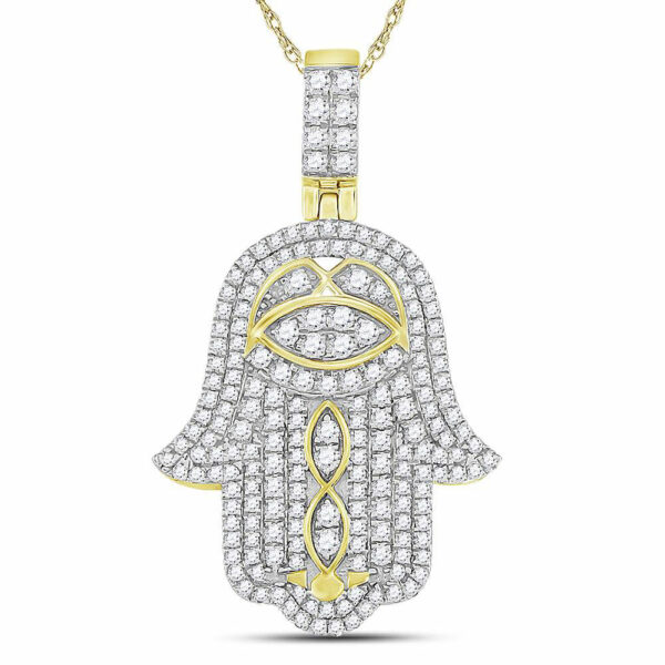 10kt Yellow Gold Mens Round Diamond Hamsa Hand Charm Pendant 1-1/2 Cttw