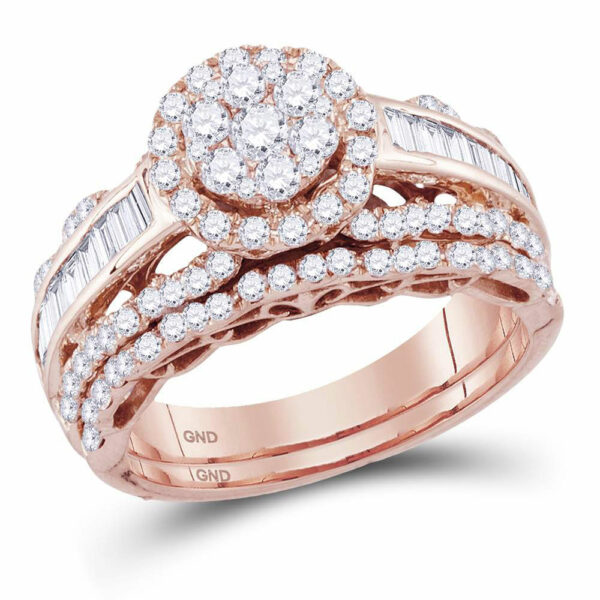 14kt Rose Gold Round Diamond Cluster Bridal Wedding Ring Band Set 1-1/2 Cttw