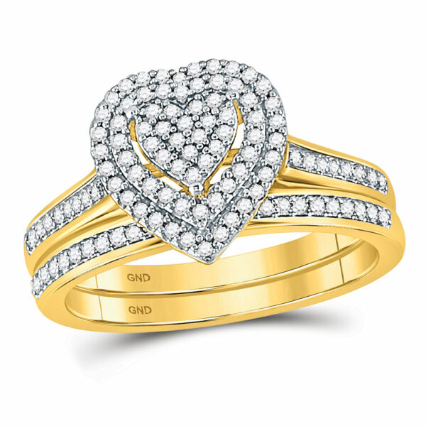 10kt Yellow Gold Diamond Heart Bridal Wedding Ring Band Set 1/3 Cttw