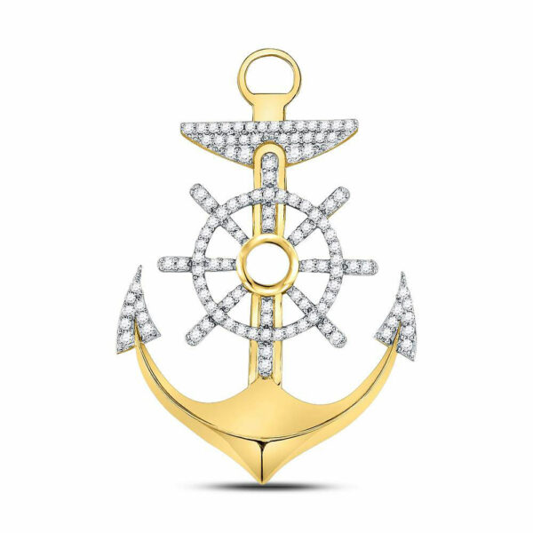 10kt Yellow Gold Mens Round Diamond Anchor Wheel Nautical Charm Pendant 1-1/5 Cttw