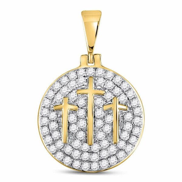 10kt Yellow Gold Mens Round Diamond Trinity Triple Cross Charm Pendant 1-1/2 Cttw