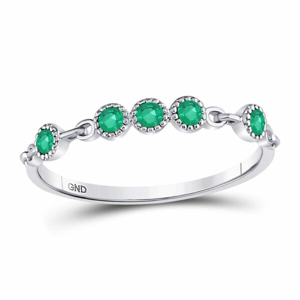 10kt White Gold Womens Round Emerald Dot Stackable Band Ring 1/20 Cttw