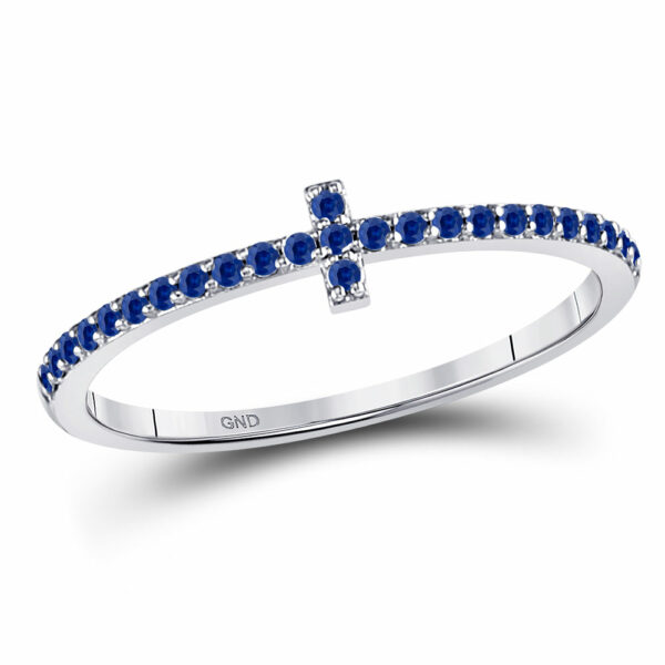 10kt White Gold Womens Round Blue Sapphire Cross Stackable Band Ring 1/6 Cttw