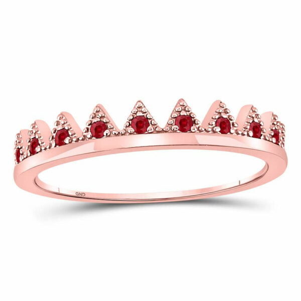 10kt Rose Gold Womens Round Ruby Beaded Chevron Stackable Band Ring 1/10 Cttw