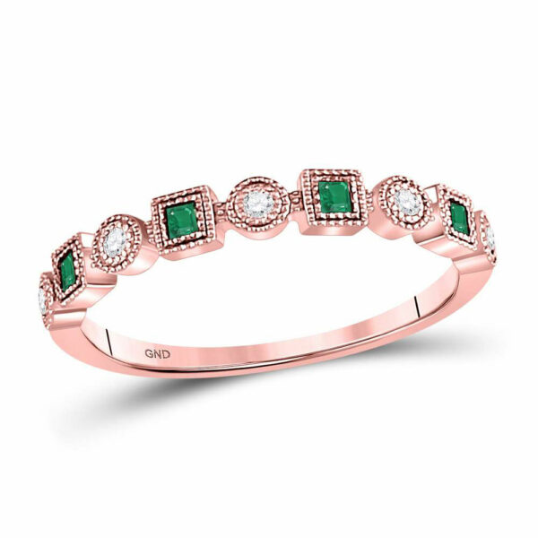 10kt Rose Gold Womens Princess Emerald Diamond Square Dot Stackable Band Ring 1/8 Cttw