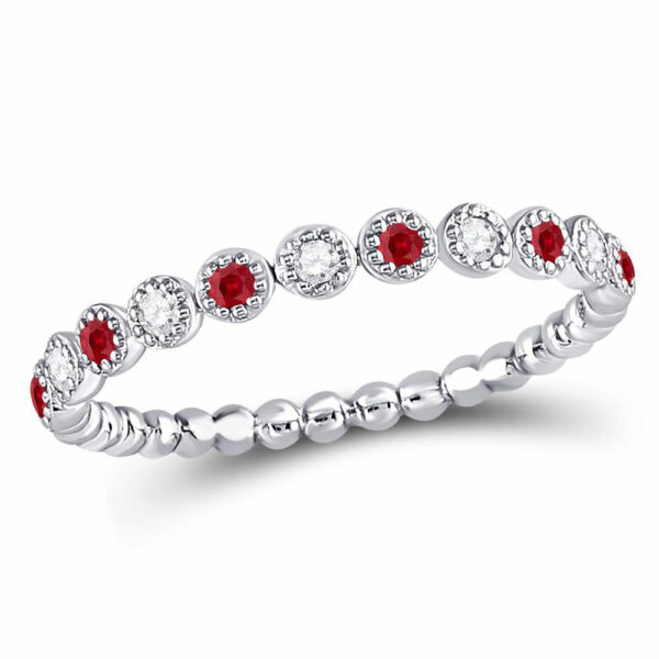 10kt White Gold Womens Round Ruby Diamond Beaded Dot Stackable Band Ring 1/6 Cttw