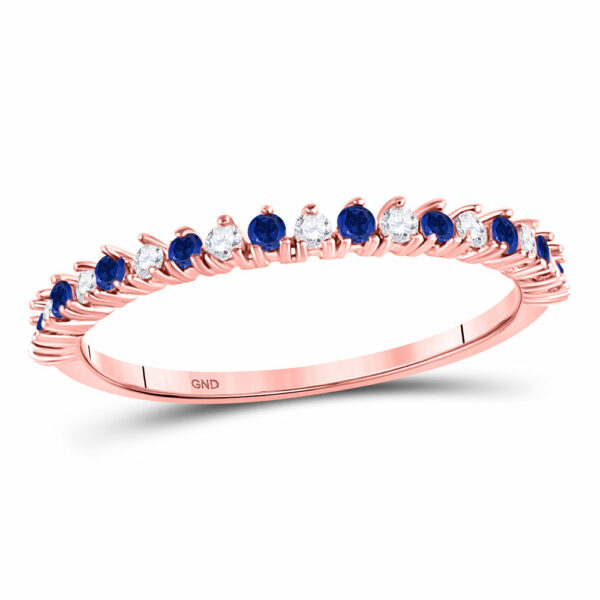 10kt Rose Gold Womens Round Blue Sapphire Diamond Stackable Band Ring 1/5 Cttw