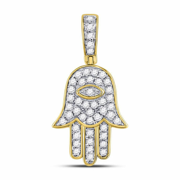 10kt Yellow Gold Mens Round Diamond Hamsa Eye Fatima Charm Pendant 1/4 Cttw