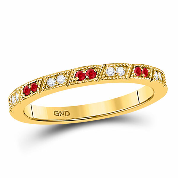 10kt Yellow Gold Womens Round Ruby Diamond Milgrain Stackable Band Ring 1/4 Cttw