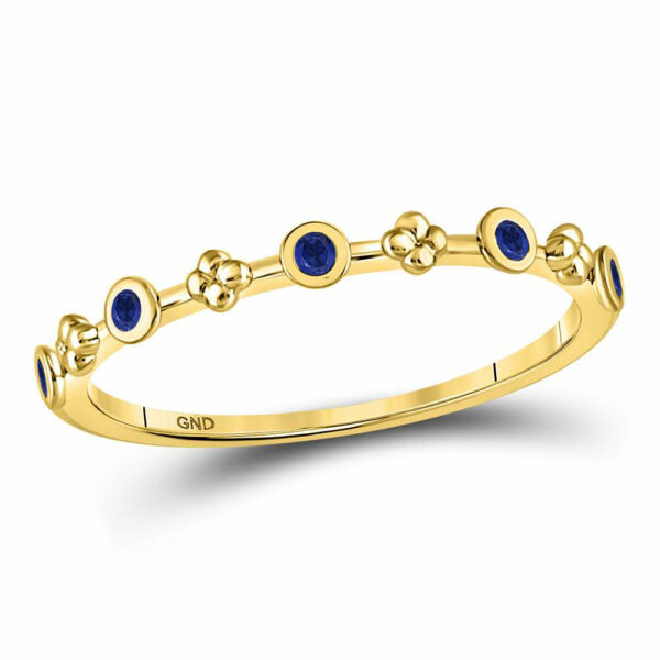 10kt Yellow Gold Womens Round Blue Sapphire Dot Flower Stackable Band Ring 1/12 Cttw