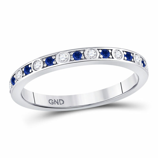 10kt White Gold Womens Round Blue Sapphire Diamond Alternating Stackable Band Ring 1/4 Cttw