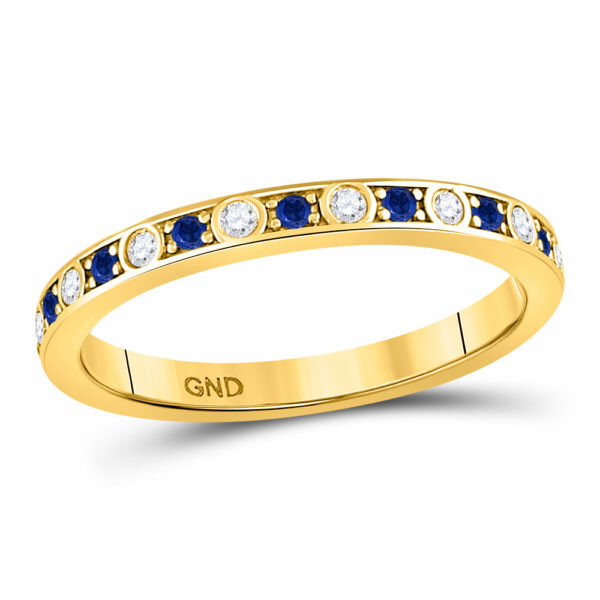 10kt Yellow Gold Womens Round Blue Sapphire Diamond Alternating Stackable Band Ring 1/4 Cttw