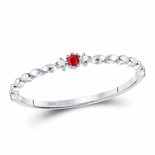 10kt White Gold Womens Round Ruby Diamond Stackable Band Ring .03 Cttw