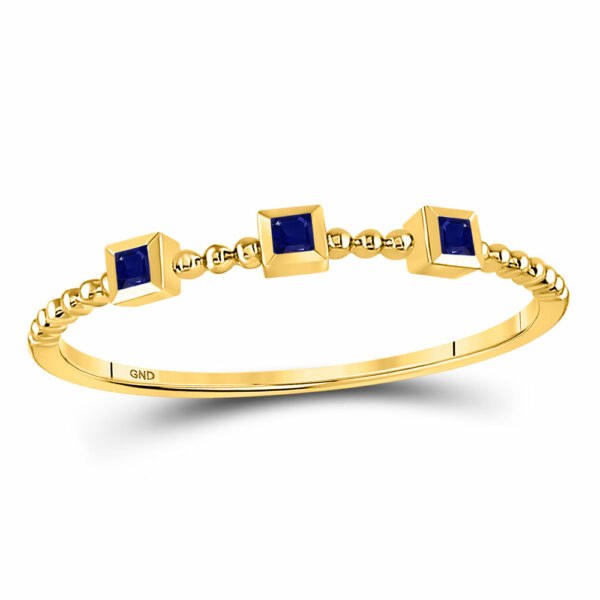 10kt Yellow Gold Womens Princess Blue Sapphire 3-Stone Beaded Stackable Band Ring 1/20 Cttw