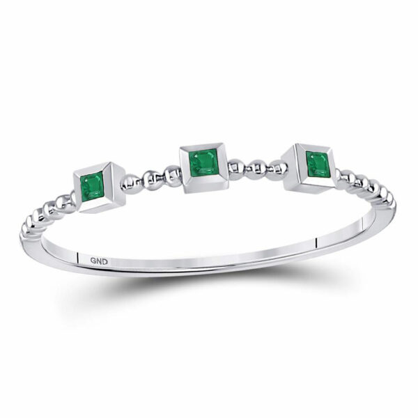 10kt White Gold Womens Princess Emerald Beaded 3-stone Stackable Band Ring .03 Cttw