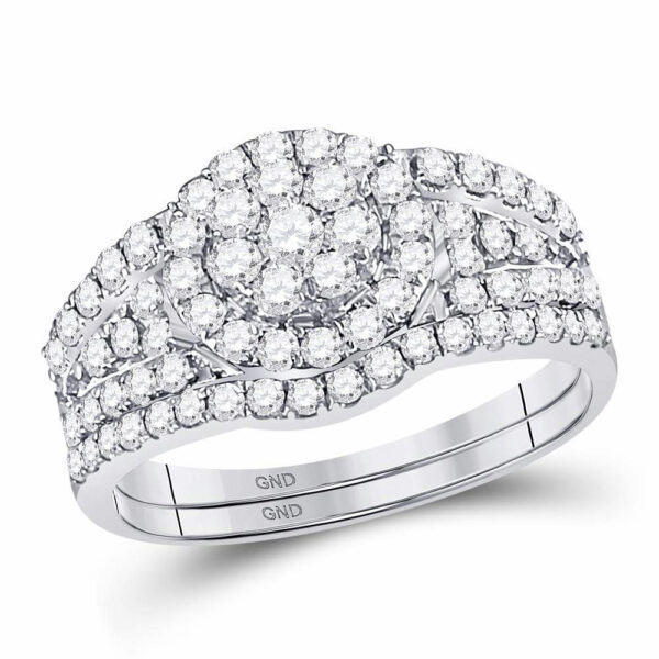 14kt White Gold Round Diamond Cluster Bridal Wedding Ring Band Set 1 Cttw