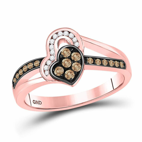 10kt Rose Gold Womens Round Brown Diamond Heart Ring 1/3 Cttw