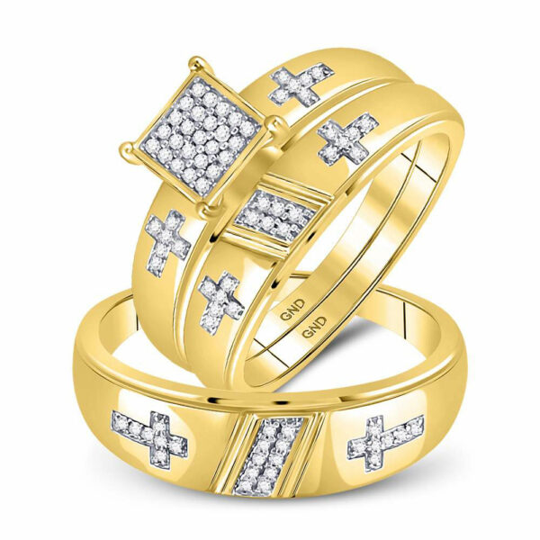 10kt Yellow Gold His Hers Diamond Cross Matching Wedding Set 1/12 Cttw