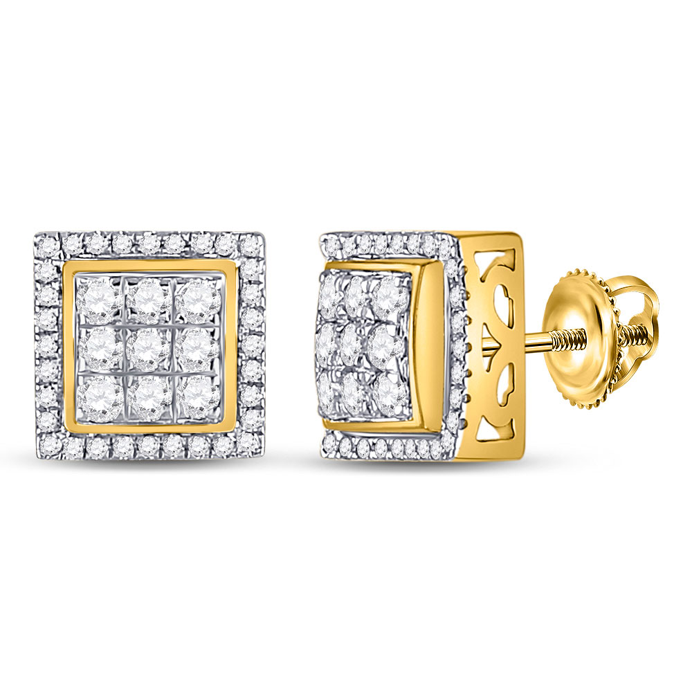 10kt Yellow Gold Mens Round Diamond Square Cluster Earrings 3/4 Cttw ...