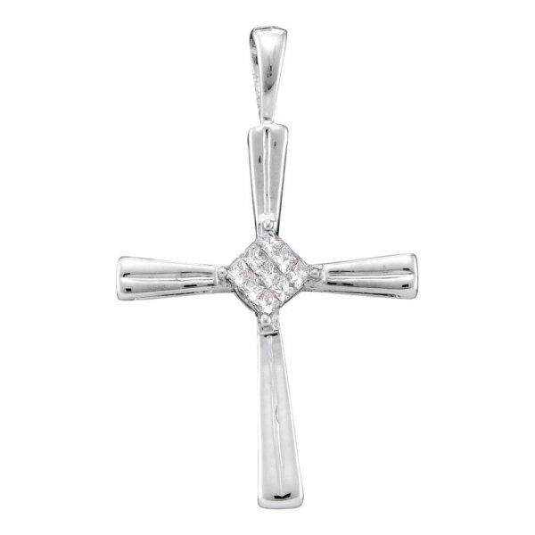 14kt White Gold Womens Princess Diamond Cross Pendant 1/10 Cttw