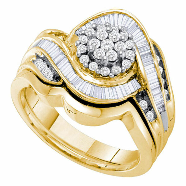 14kt Yellow Gold Round Diamond Cluster Bridal Wedding Ring Band Set 3/4 Cttw