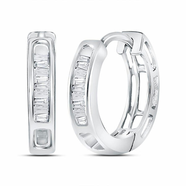 14kt White Gold Womens Baguette Diamond Huggie Hoop Earrings 1/6 Cttw