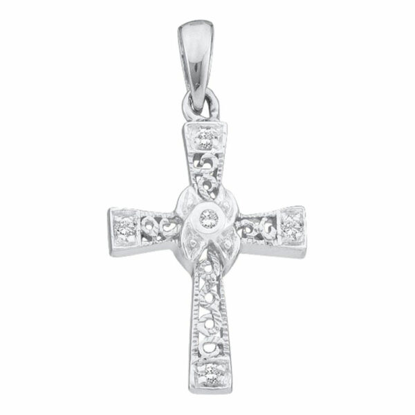 10kt White Gold Womens Round Diamond Small Cross Pendant 1/20 Cttw