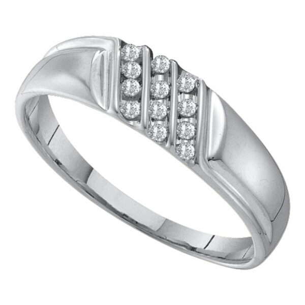 10kt White Gold Mens Round Channel-set Diamond Diagonal Triple Row Wedding Band 1/8 Cttw