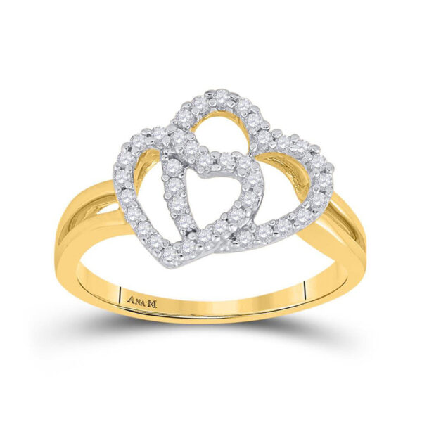 14kt Yellow Gold Womens Round Diamond Double Heart Ring 1/4 Cttw