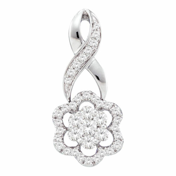 14kt White Gold Womens Round Diamond Twist Flower Cluster Pendant 1/2 Cttw