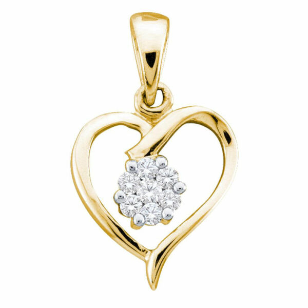 10kt Yellow Gold Womens Round Diamond Flower Cluster Heart Pendant 1/12 Cttw