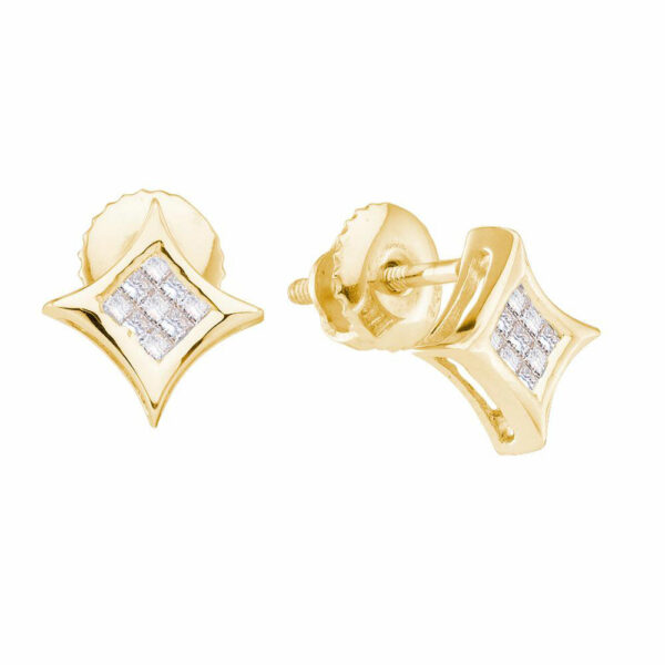 14kt Yellow Gold Womens Princess Diamond Cluster Kite Square Earrings 1/6 Cttw