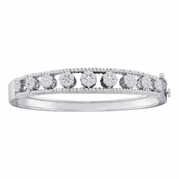 14kt White Gold Womens Round Diamond Bangle Flower Cluster Bracelet 2-3/8 Cttw