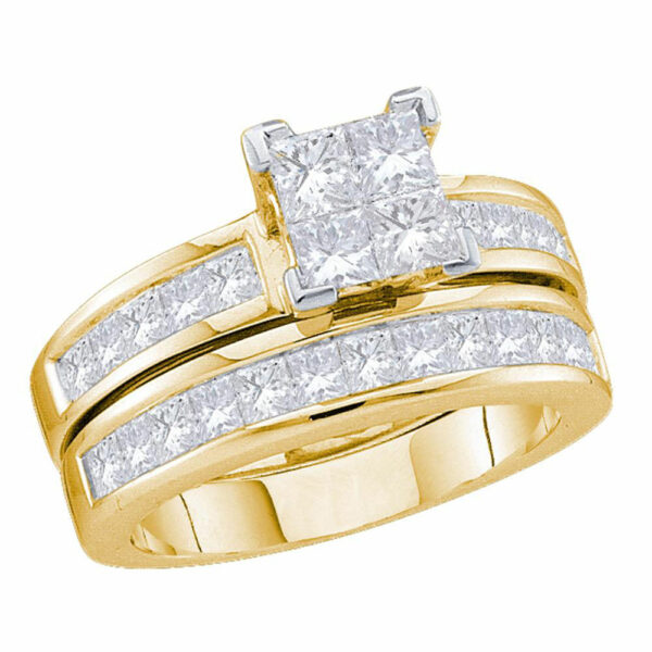 14kt Yellow Gold Princess Diamond Bridal Wedding Ring Band Set 2 Cttw