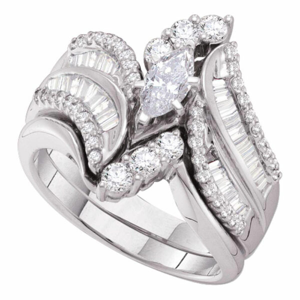 14kt White Gold Marquise Diamond Bridal Wedding Ring Band Set 1-1/2 Cttw