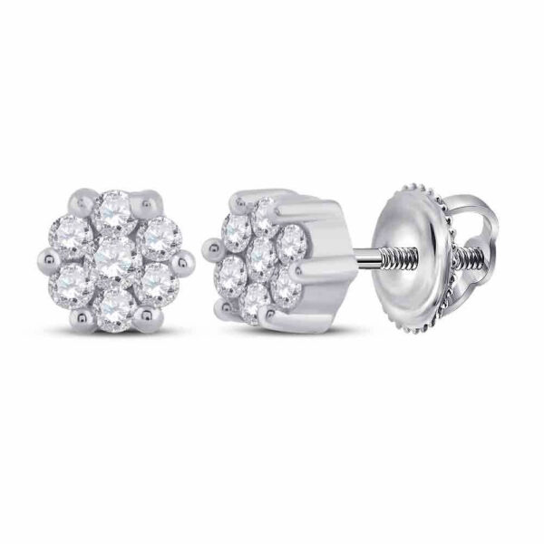 10kt White Gold Womens Round Diamond Flower Cluster Earrings 1/6 Cttw