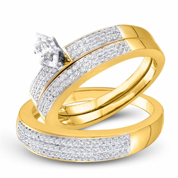 10kt Yellow Gold His Hers Marquise Diamond Solitaire Matching Wedding Set 1/2 Cttw